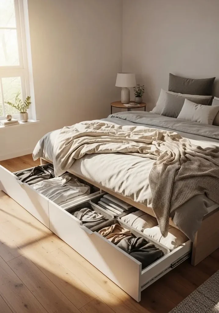 Under-bed storage drawers for small spaces neatly storing clothes and linens in a modern bedroom