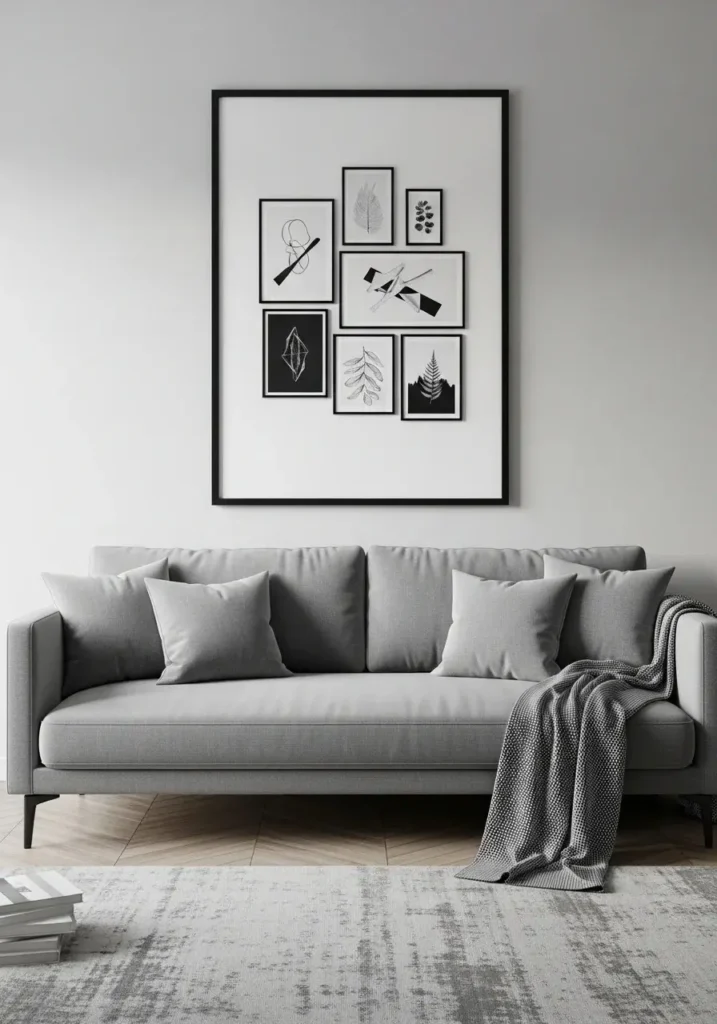 Statement black wall art in a gray and black living room.