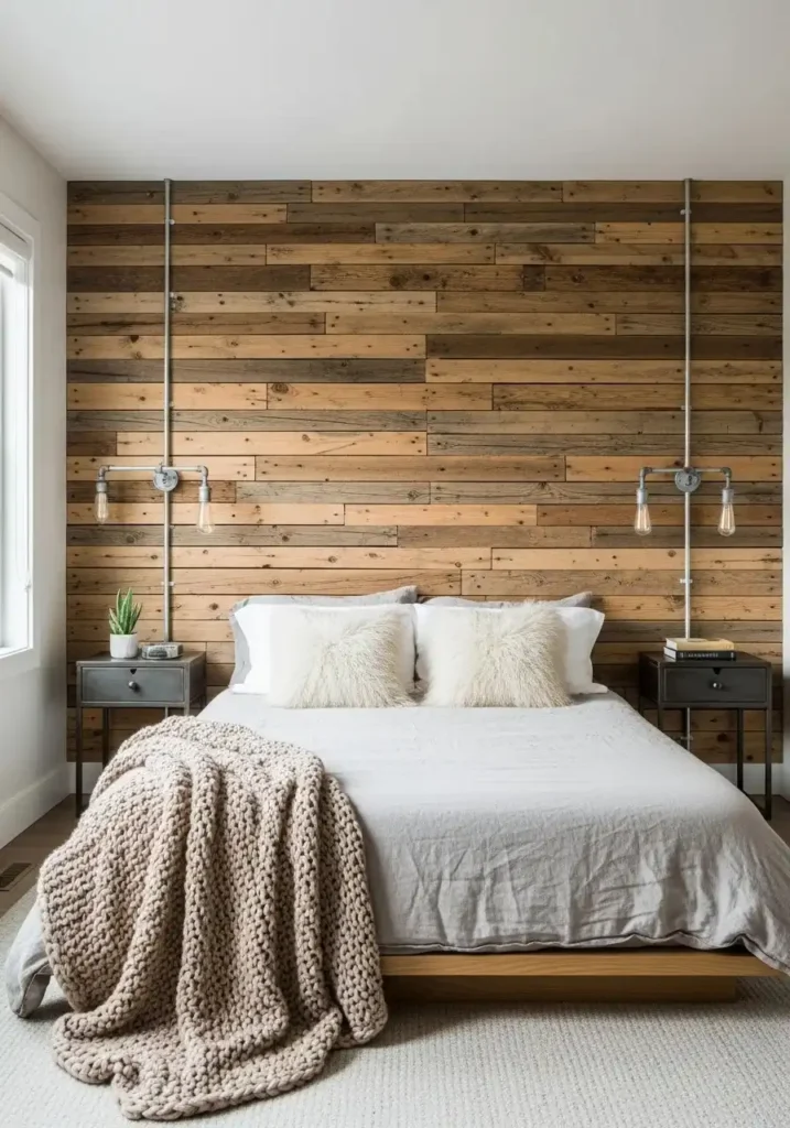 Pallet wood accent wall in rustic bedroom with natural textures.