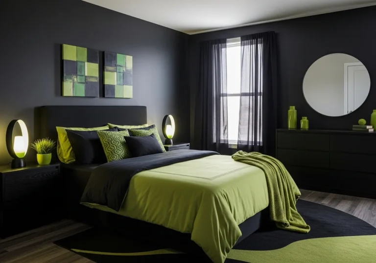 Full view of black and green bedroom look prety