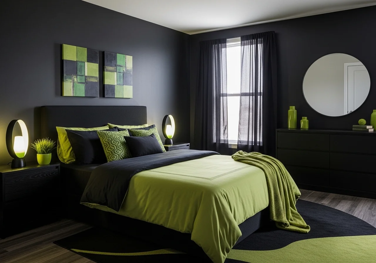 Full view of black and green bedroom look prety