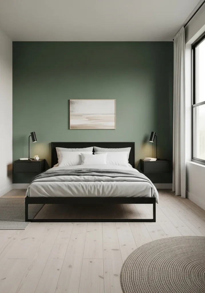 Dark green accent wall with sleek black furniture gives a bold, grounded bedroom style.