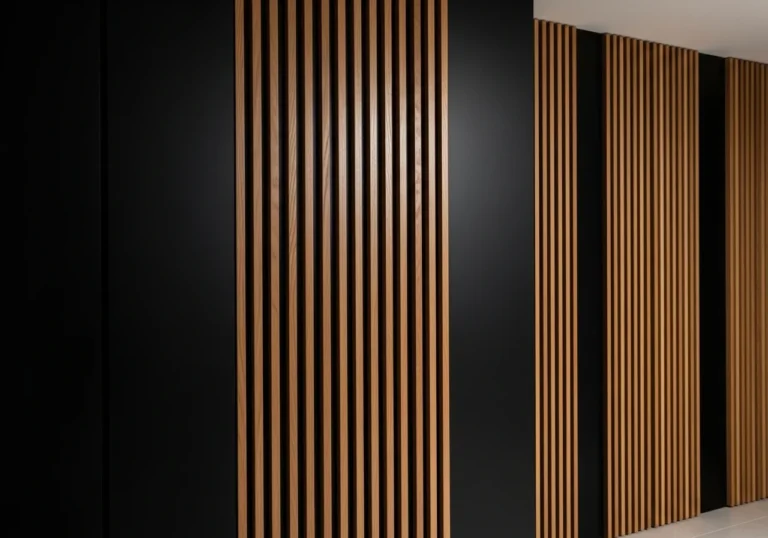 black wall with wood slats beautiful look