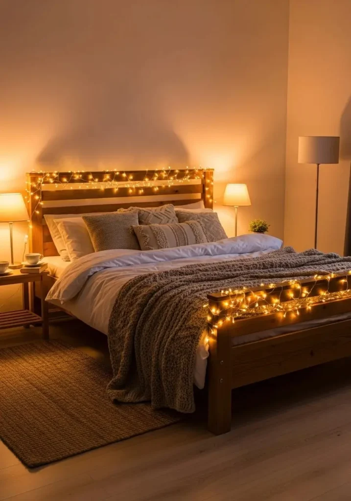 Bed frame wrapped in fairy lights creating a soft cozy glow