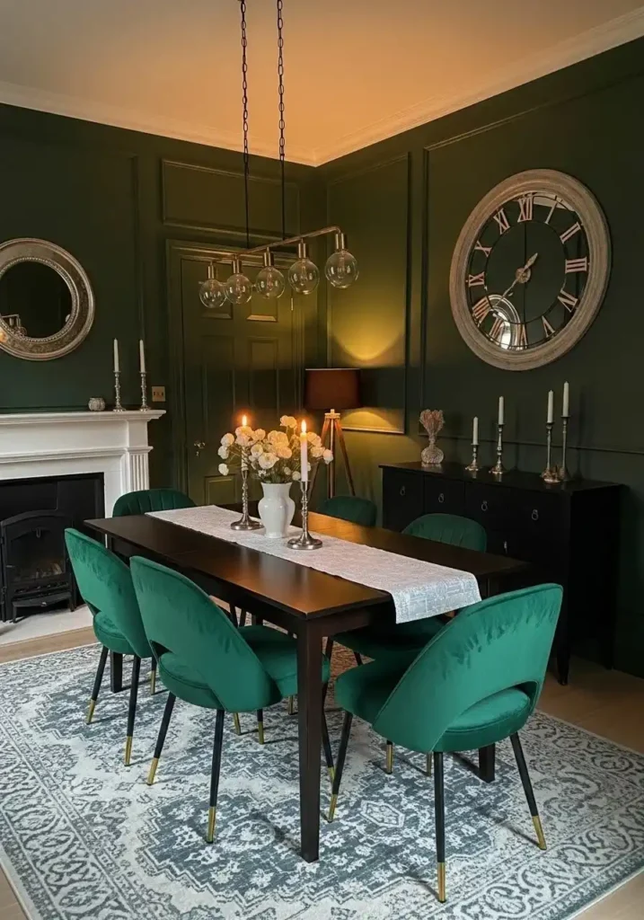 color drenched dining room with emerald green walls