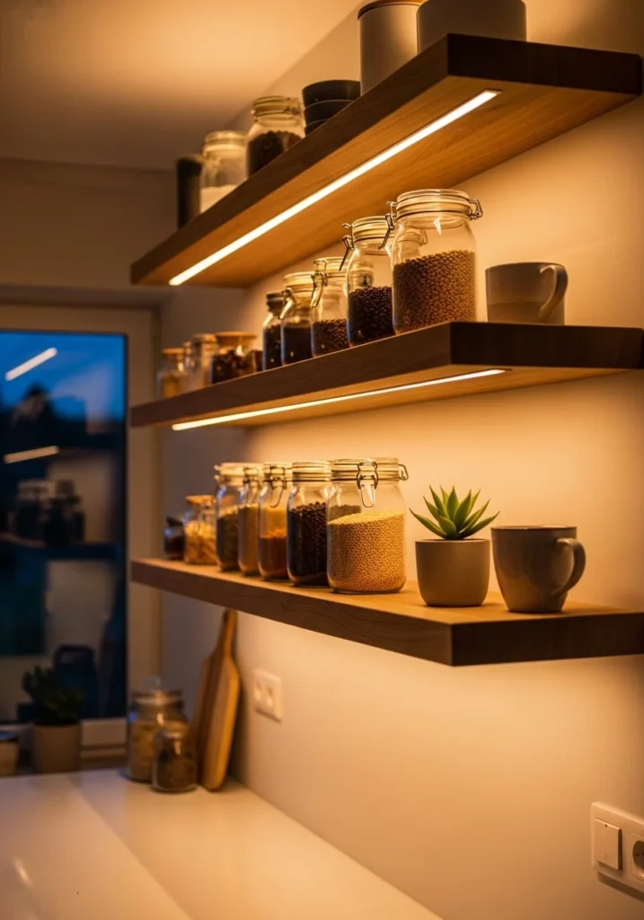 floating shelves kitchen with built in lighting