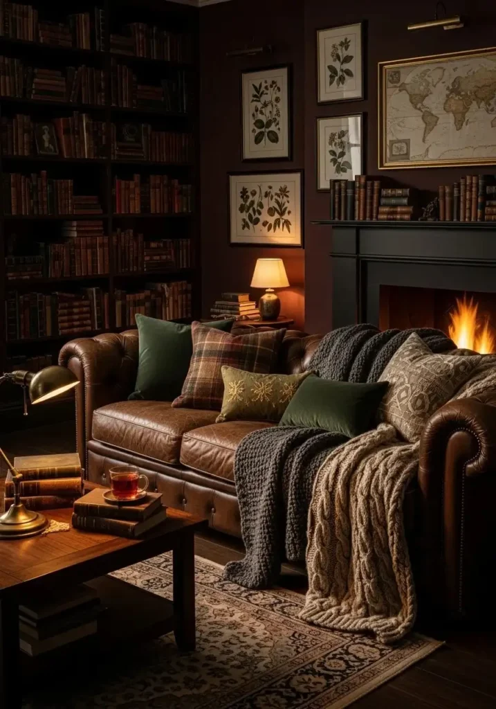 Wool and knit throws layered on sofa in a dark academia living room.