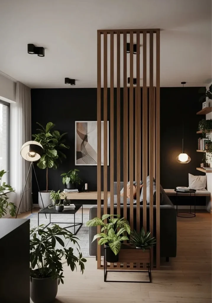 Black slats as open-concept room divider.