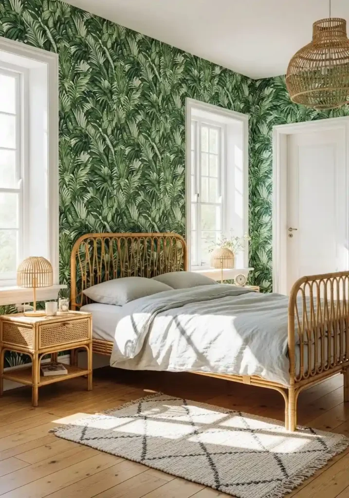Tropical bedroom with lush palm leaf wallpaper accent wall