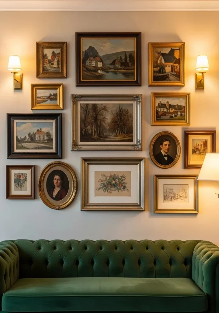 Vintage living room with framed wall art creating a personal and classic feel.