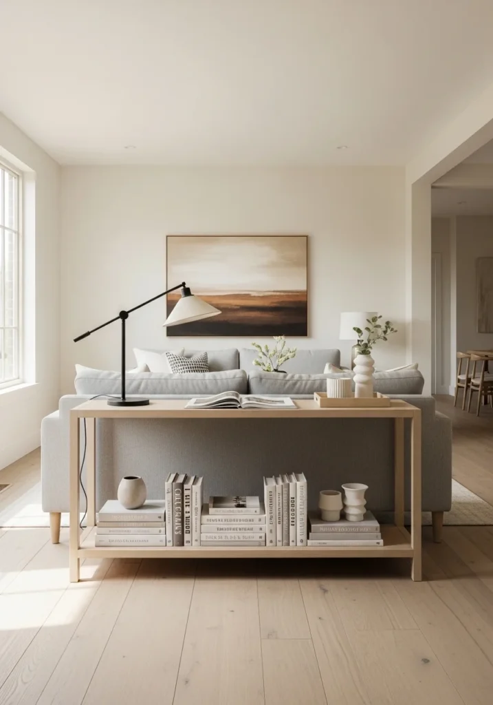 Console desk behind sofa serving as a workspace and side table.