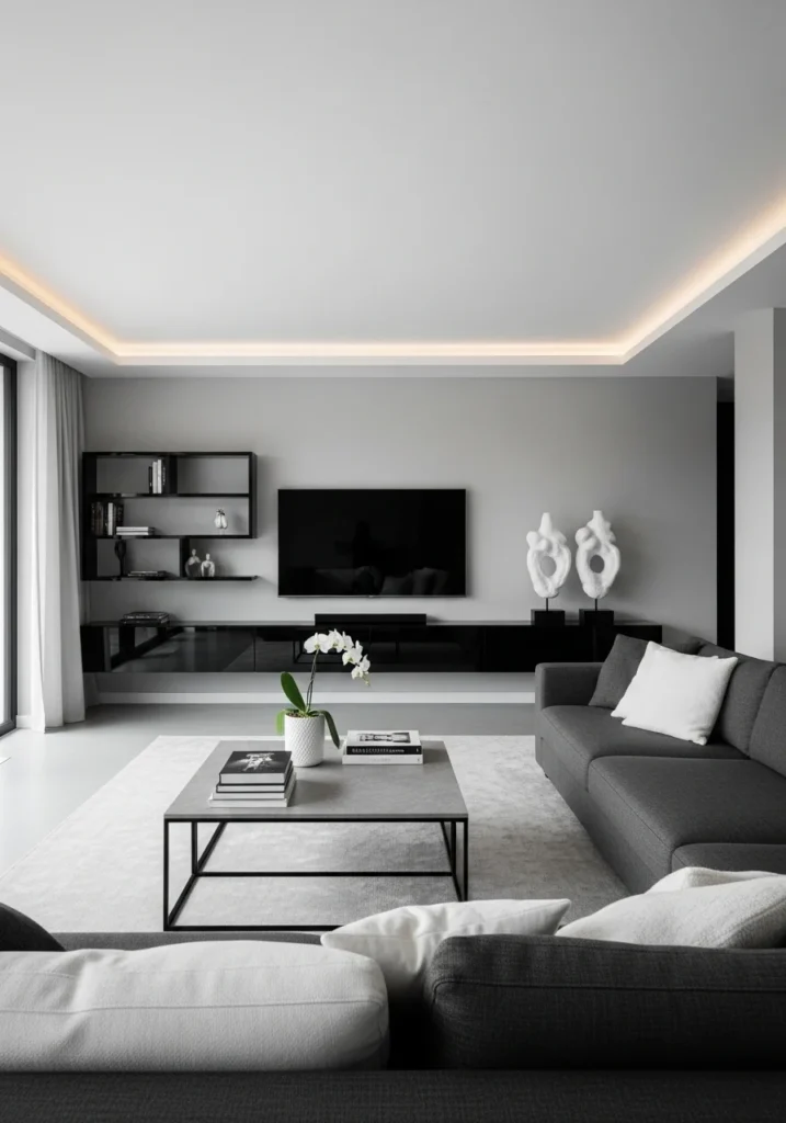 White accents balancing a gray and black living room.