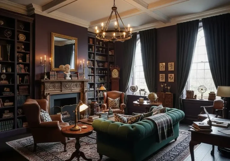 Full view of Beautiful dark academia living room look