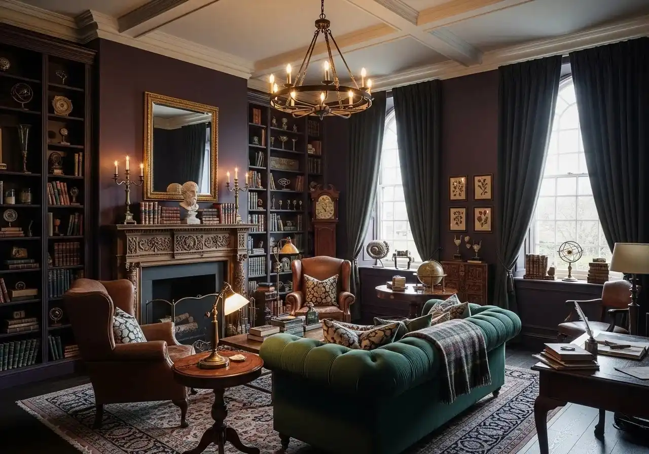 Full view of Beautiful dark academia living room look