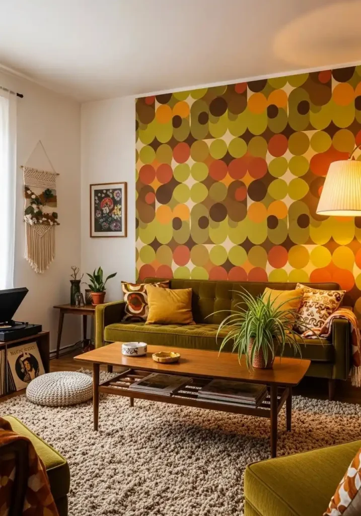 Retro floral wallpaper on accent wall.