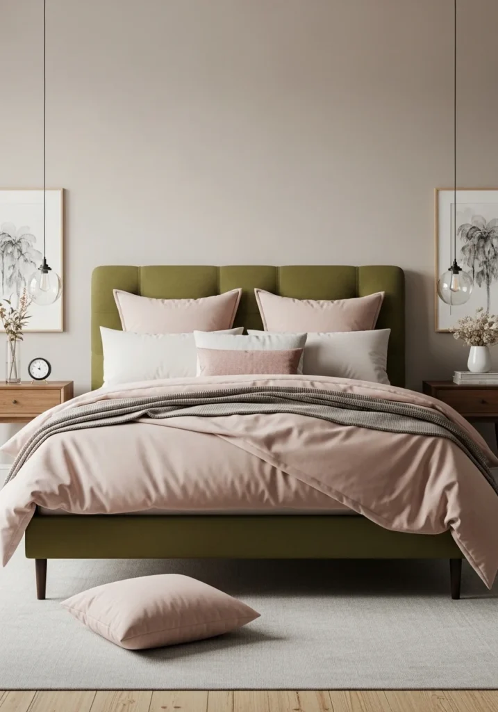 olive green bed with blush pink decor bedroom
