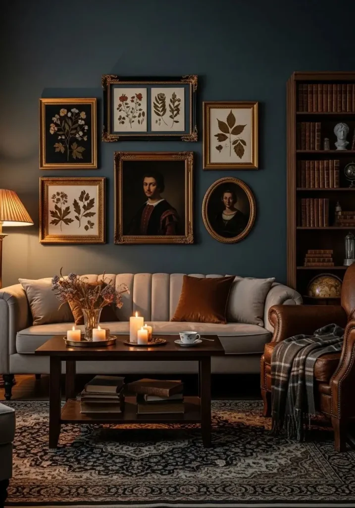 Dark walls with vintage artwork and frames in a moody academic living room.