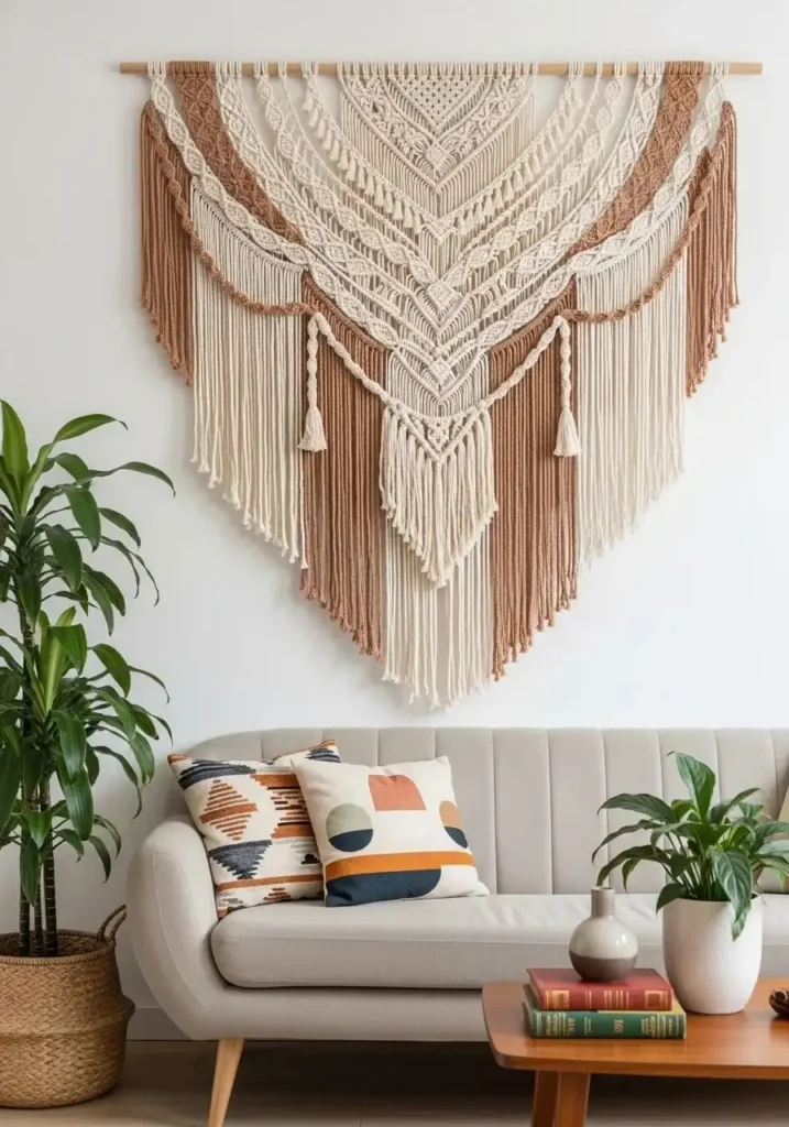 Macramé wall hanging in retro living room.