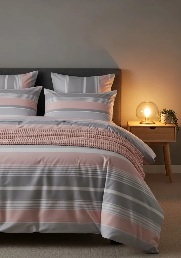 Pink and gray patterned bedding set in a stylish, cozy bedroom.