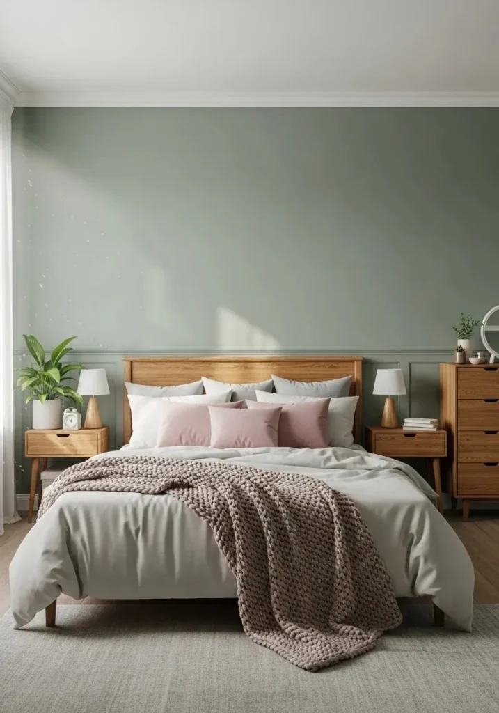 sage green and dusty pink bedroom decor inspiration