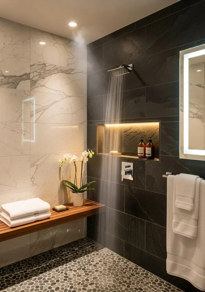 Shower remodel featuring natural stone walls for a spa-like and elegant look