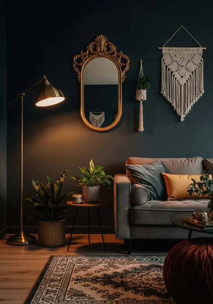 metallic accents in boho living room