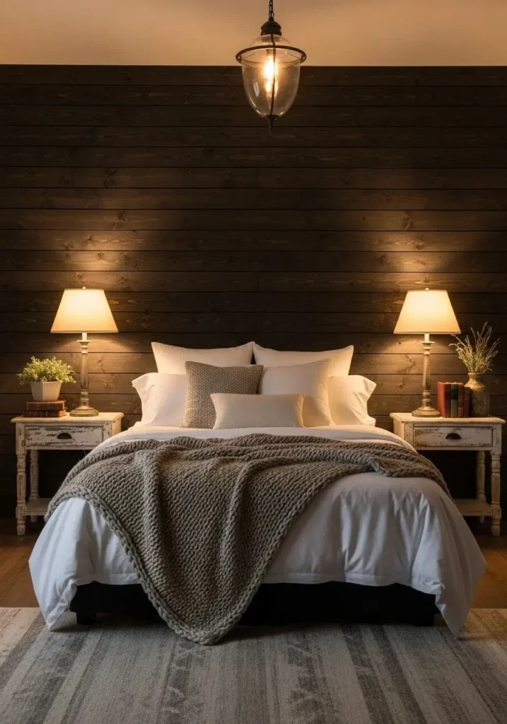 Rustic barn door-style wood accent wall behind bed in farmhouse bedroom.