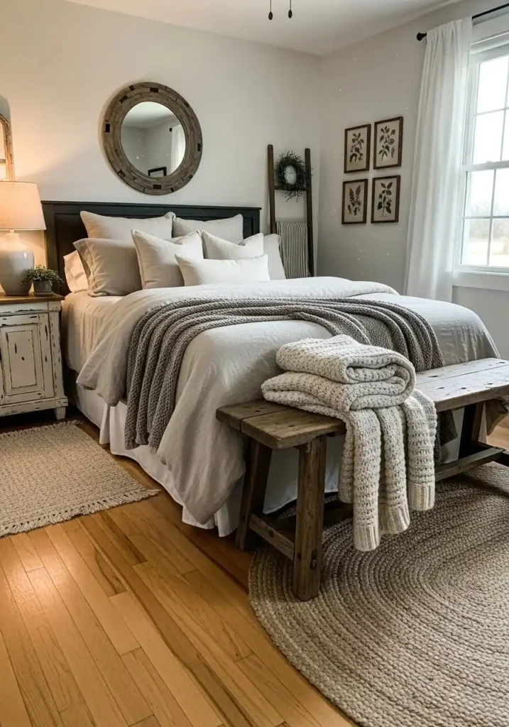rustic bedroom with wooden bench