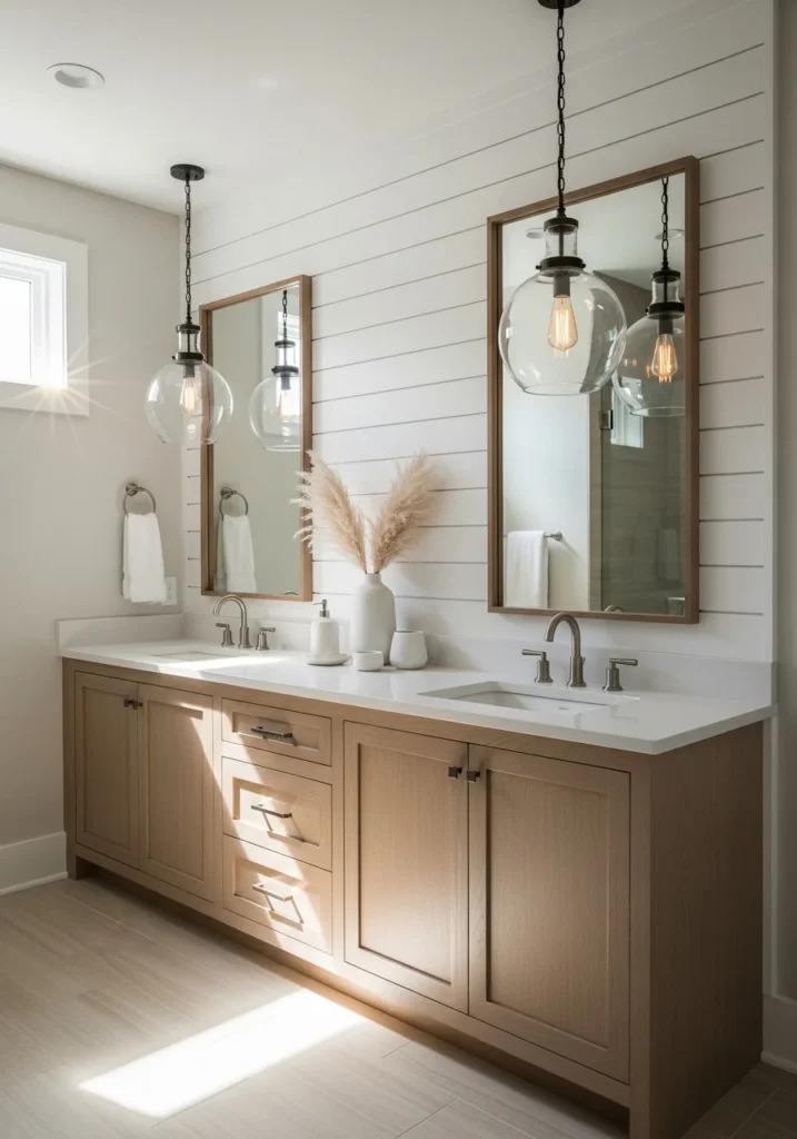 Coastal lighting fixtures creating a soft and relaxing bathroom atmosphere