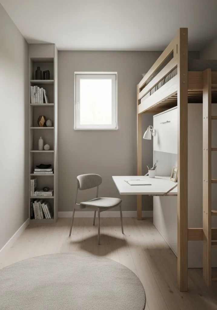 Loft bed with pull-down Murphy-style desk, combining sleep and work areas efficiently in a small room.