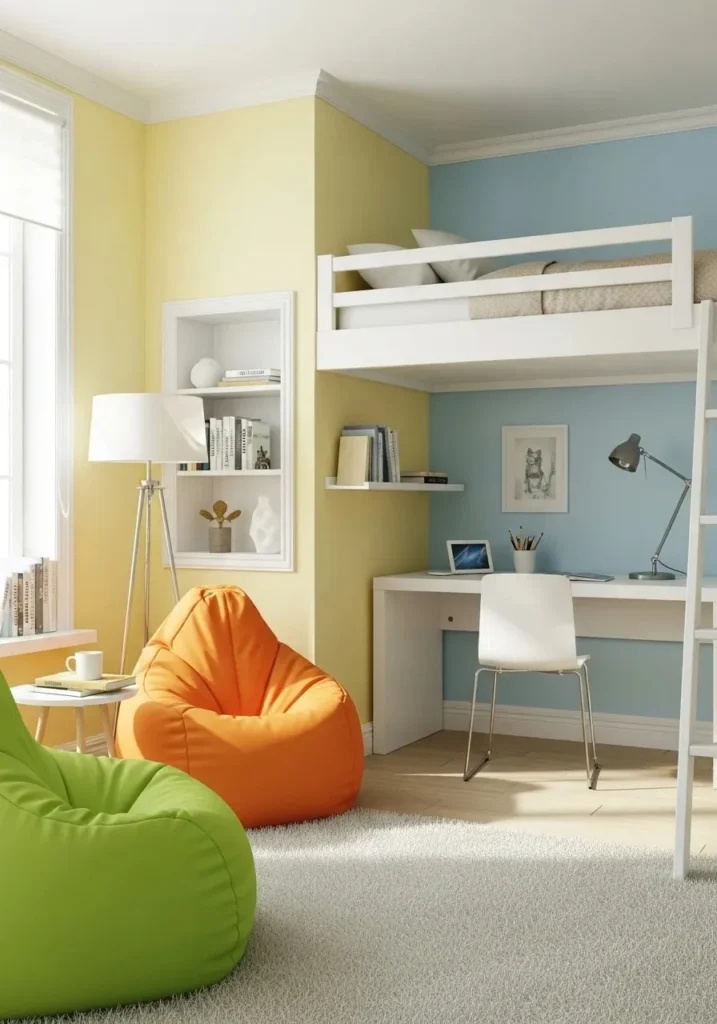 Corner loft bed setup with desk and reading nook, saving floor space while keeping the room open.