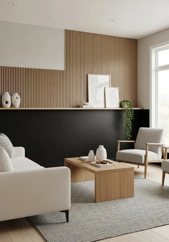Half black wall with wood slats.