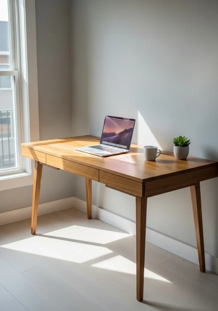 Minimalist office desk with neutral colors, laptop, and hidden storage, creating a clean and focused workspace.