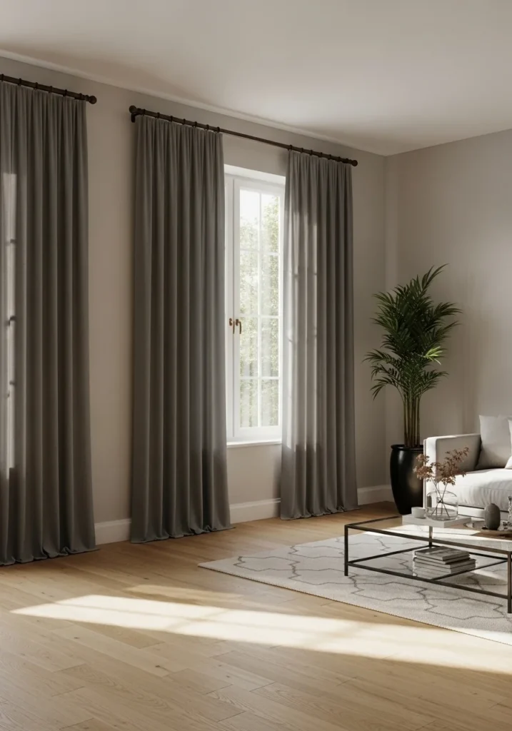 Gray curtains with brown hardware add sophistication and warmth to a neutral living room.