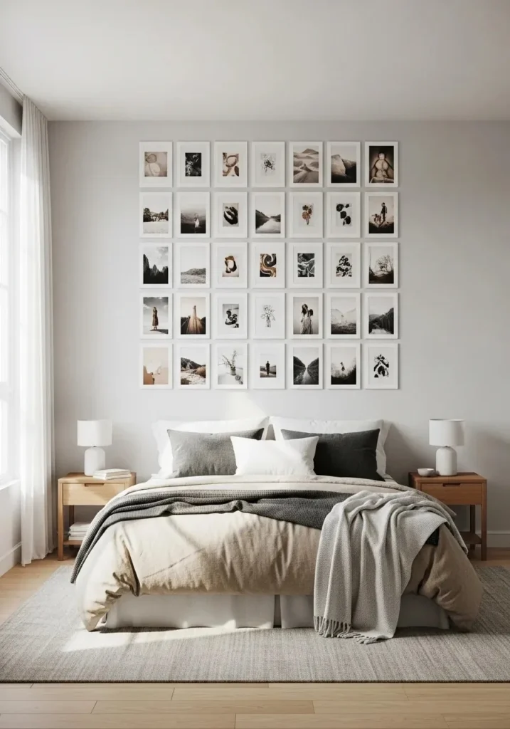 College bedroom with grid photo wall layout using evenly spaced photos and clean aesthetic.