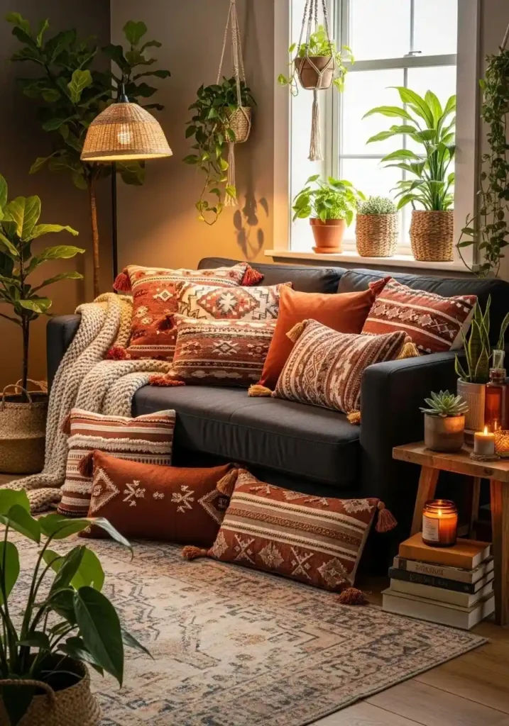 patterned boho pillows in living room