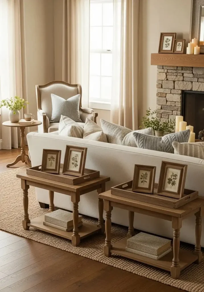 Cottage living room featuring warm wooden accents with soft neutral decor.