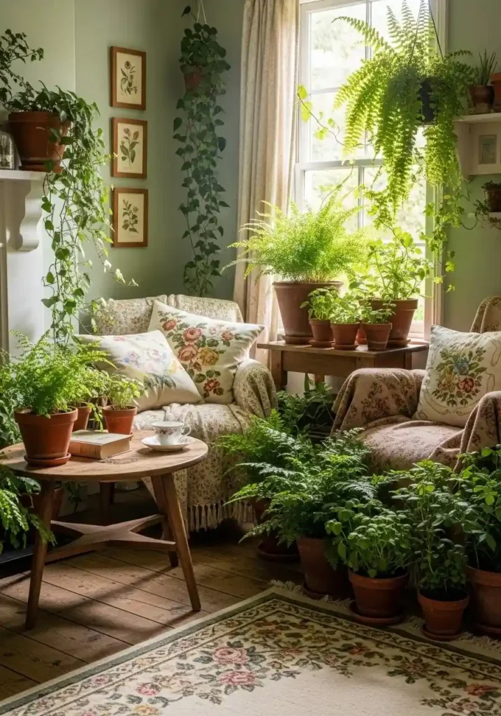 Cottagecore living room with lush houseplants and greenery.