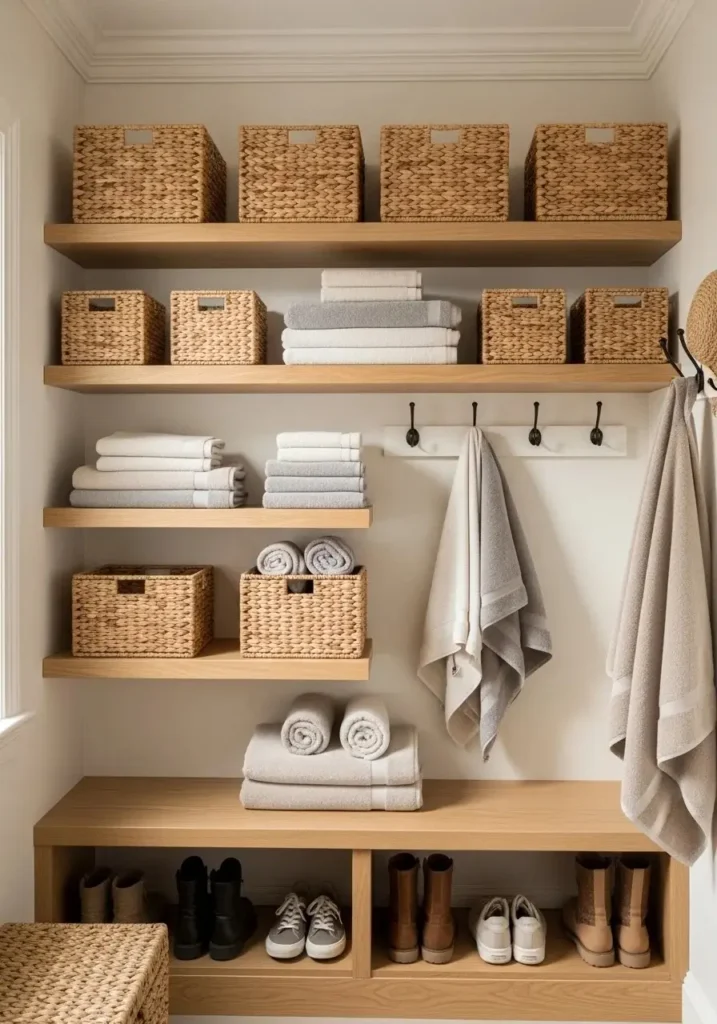Open shelves with woven baskets for towels and shoes in a mudroom-laundry area.