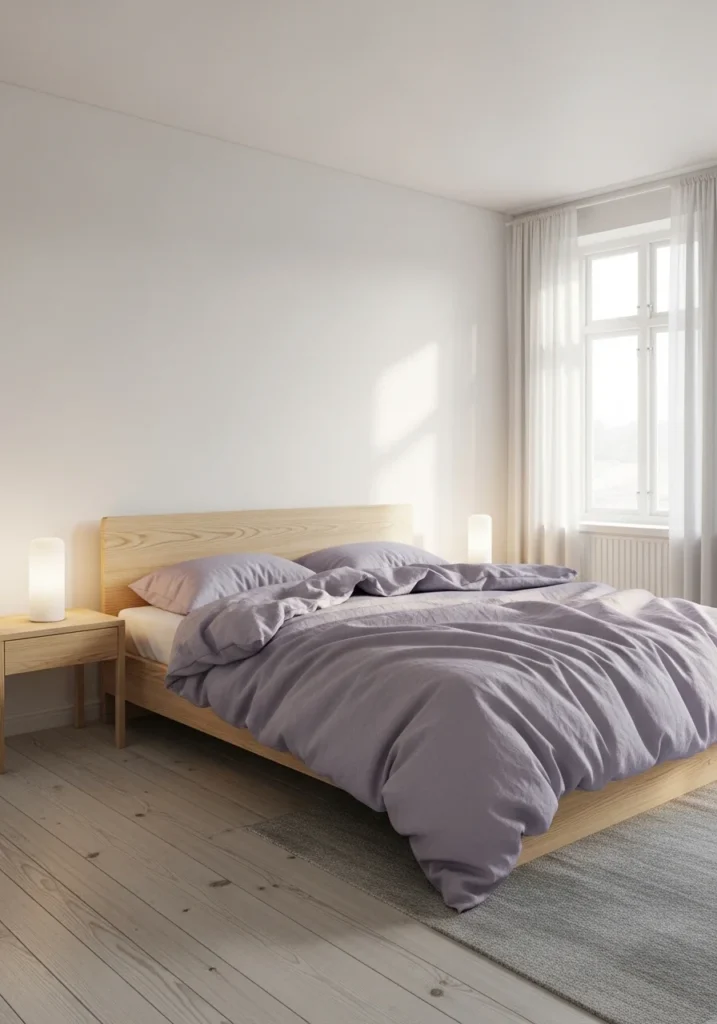 lavender and white minimalist bedroom