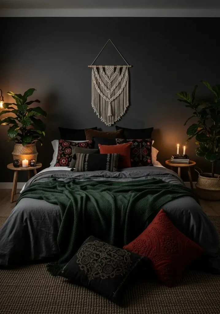 Boho bedroom with indoor plants adding natural contrast.