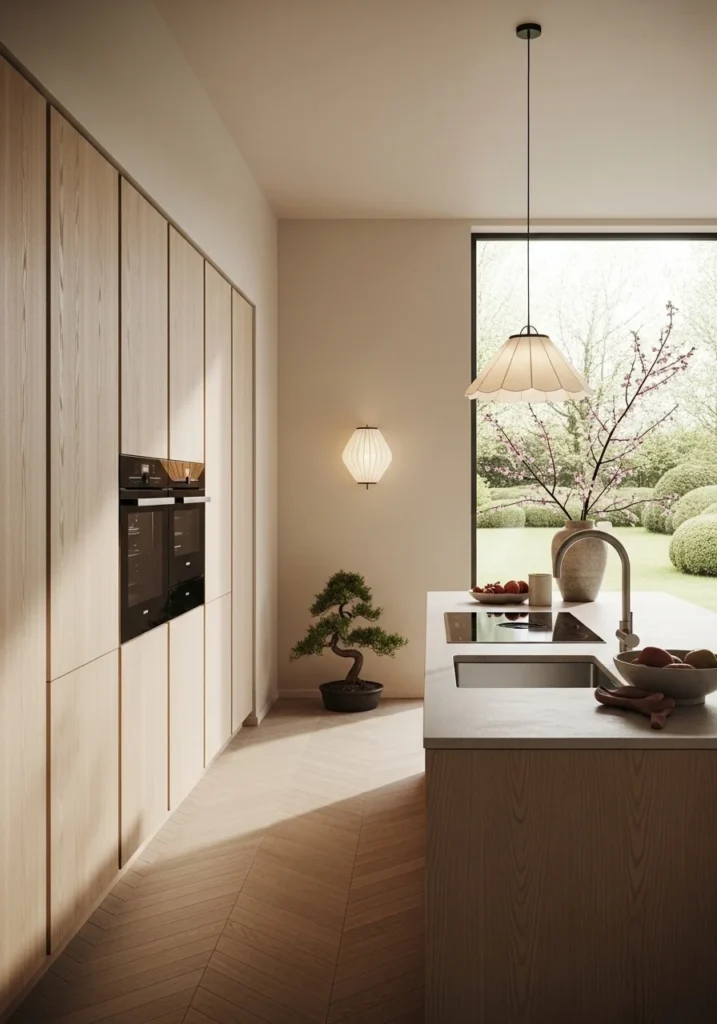 Japandi kitchen with hidden storage and clutter-free design