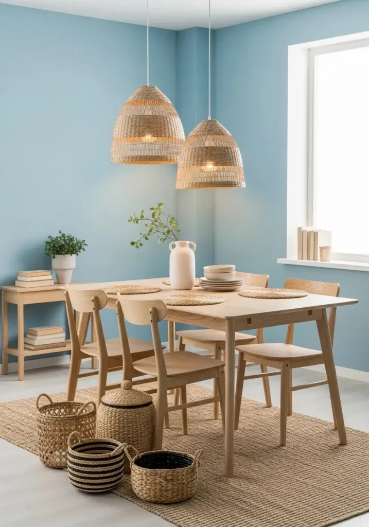 Scandinavian-style dining room with sky blue walls and natural wood furniture, creating a cheerful and cozy space.