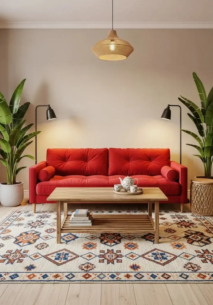 Red sofa anchored by patterned rug.