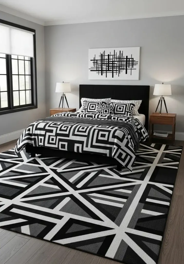 Geometric black and white bedroom design.