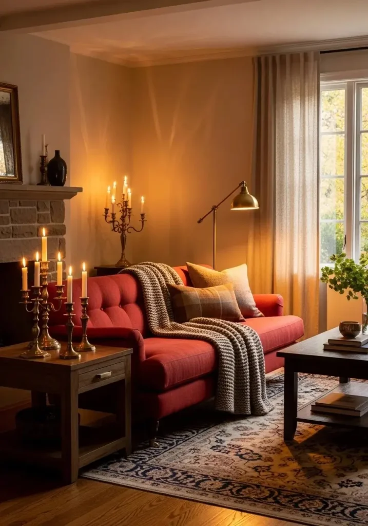 Red sofa with gold and brass decor.