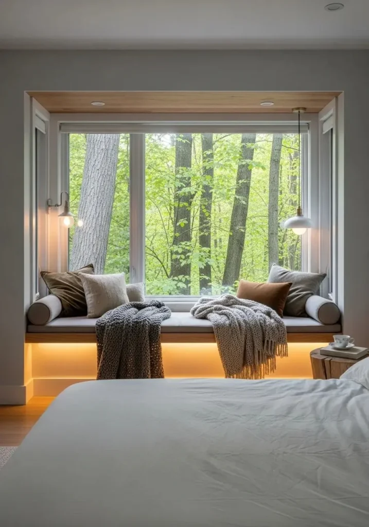 Cabin bedroom with a cozy window seating area for reading or relaxing in soft fabrics.
