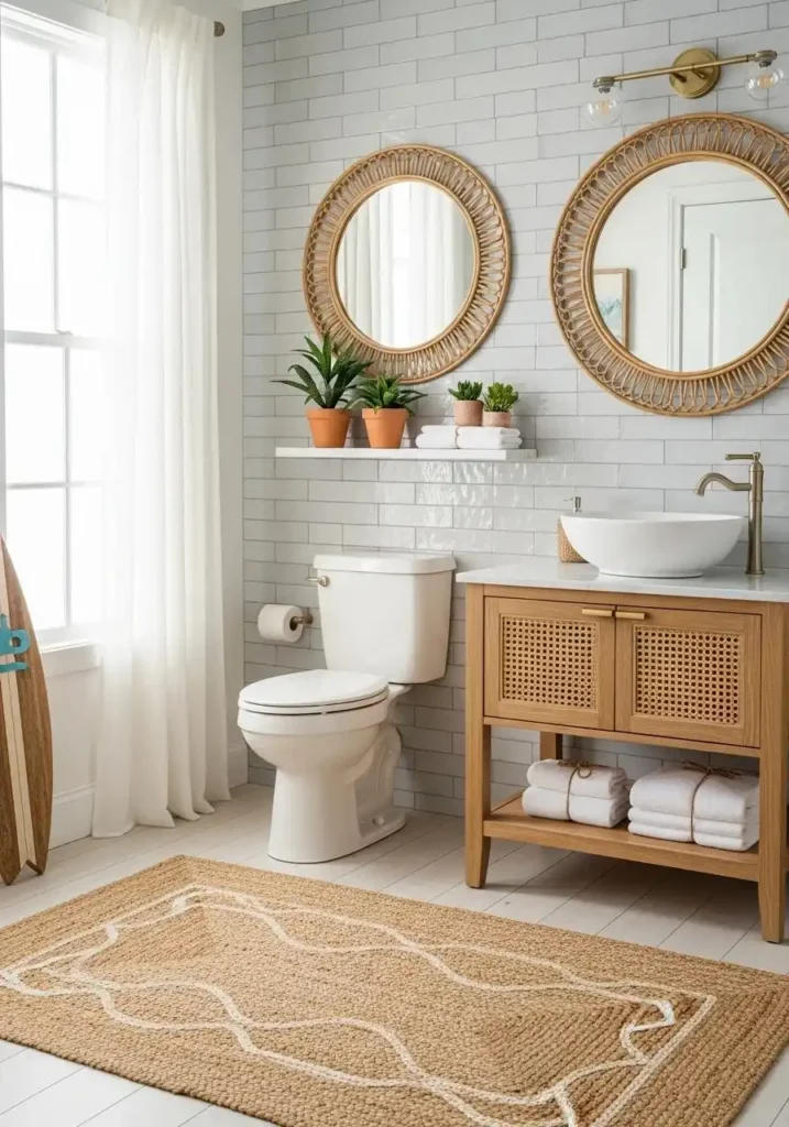 Natural fiber rug adding texture and warmth to a coastal bathroom