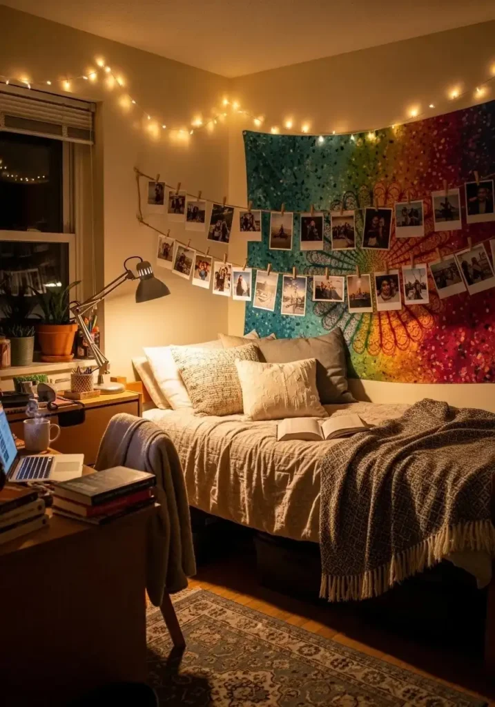 Hanging photo wall with string and clips in a cozy college bedroom.