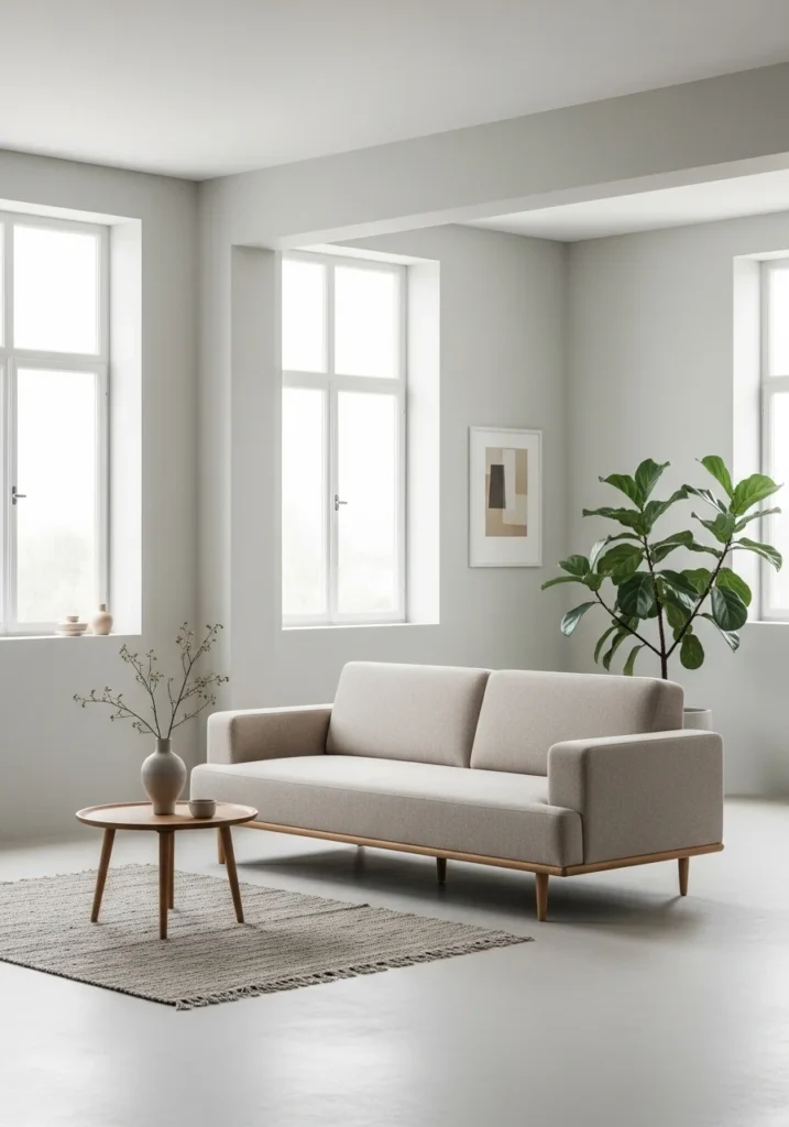 Minimal Scandinavian living room with low-profile sofa.
